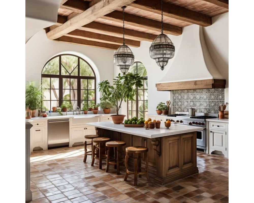 Không gian nội thất phòng bếp của nhà phố phong cách Địa Trung Hải