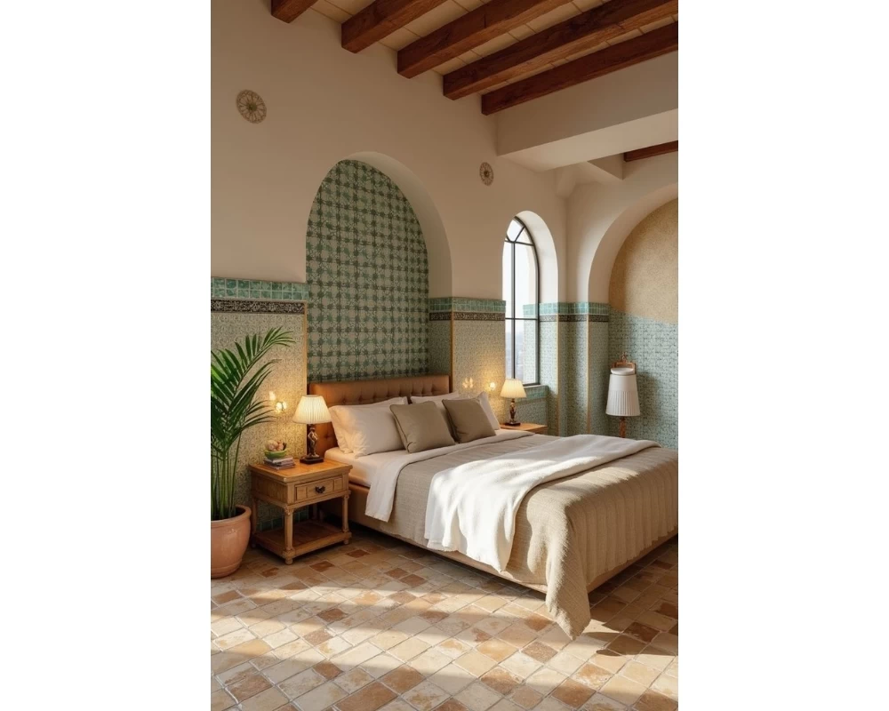 Không gian nội thất phòng ngủ tươi sáng của nhà phố Địa Trung Hải