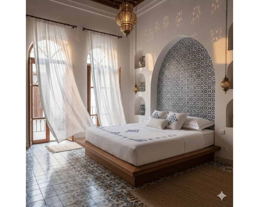 Không gian nội thất phòng ngủ thoáng đãng của nhà phố Địa Trung Hải