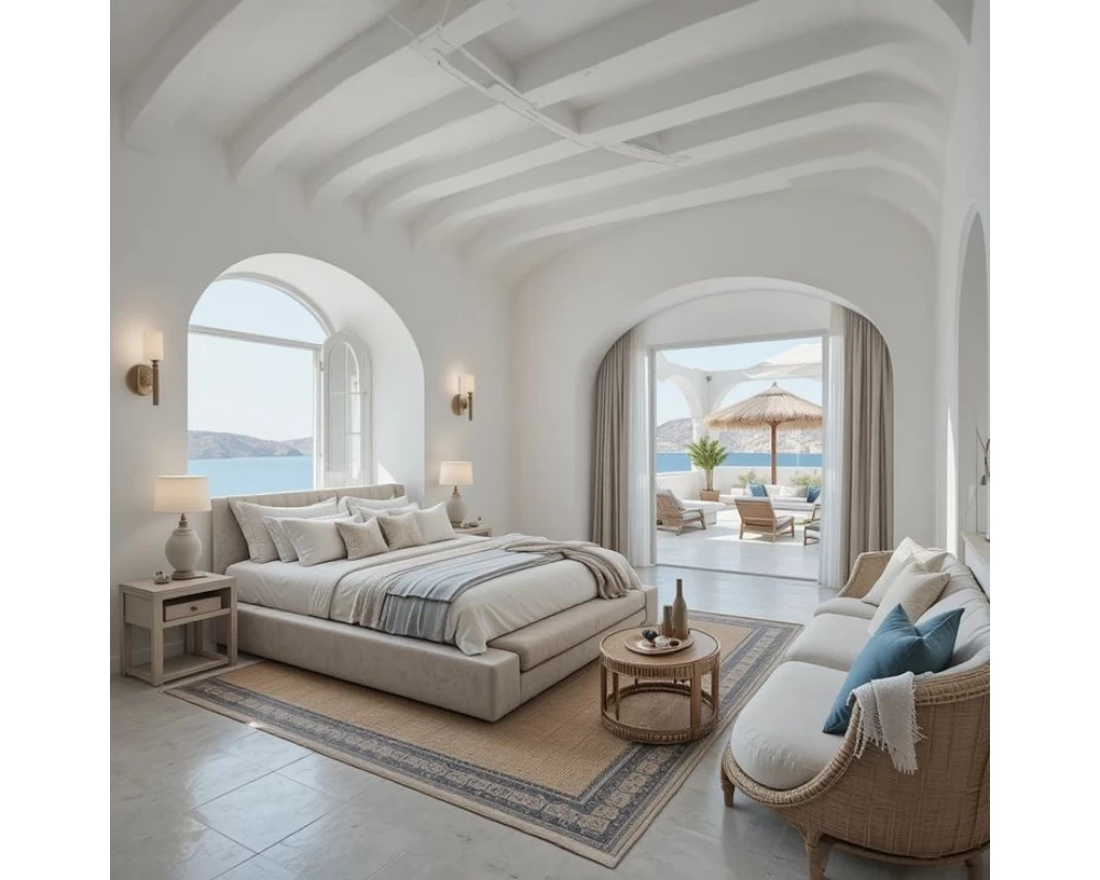Không gian nội thất phòng ngủ tươi mát của nhà phố Địa Trung Hải