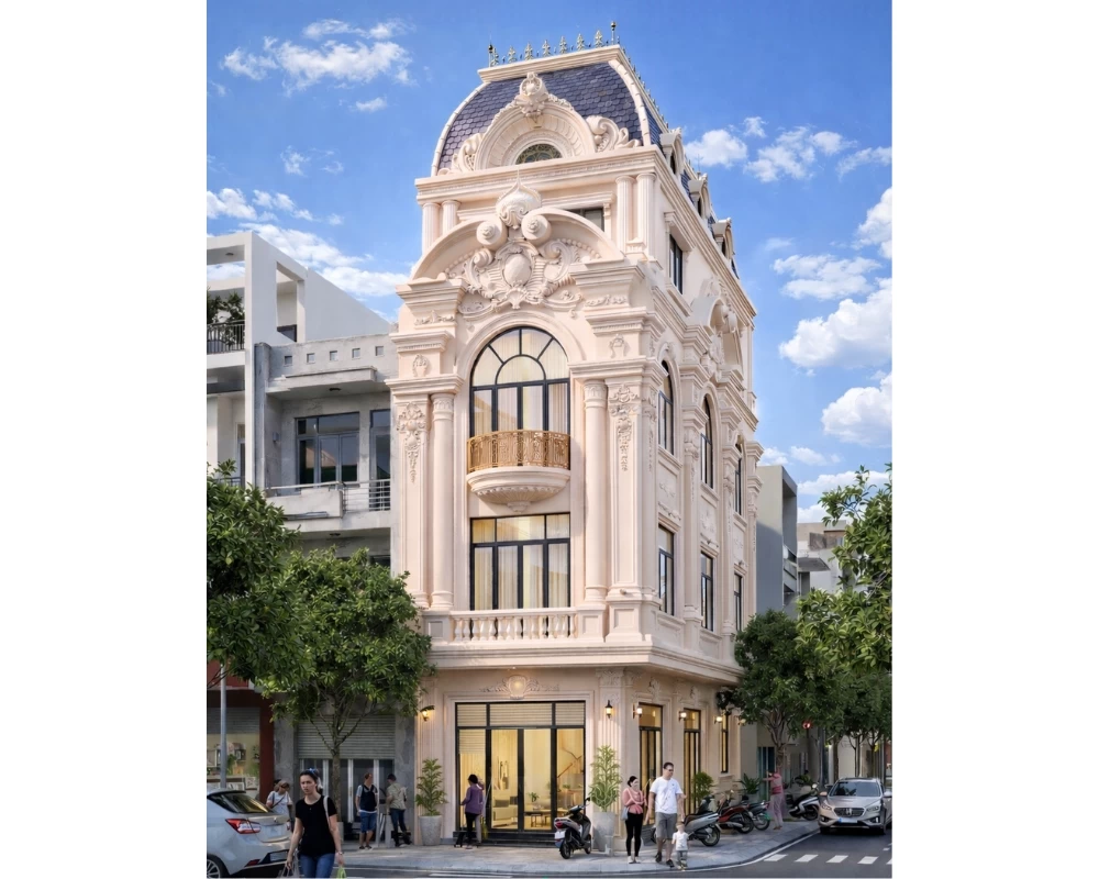 Mặt tiền nhà phố phong cách tân cổ điển 4 tầng xa hoa, lộng lẫy