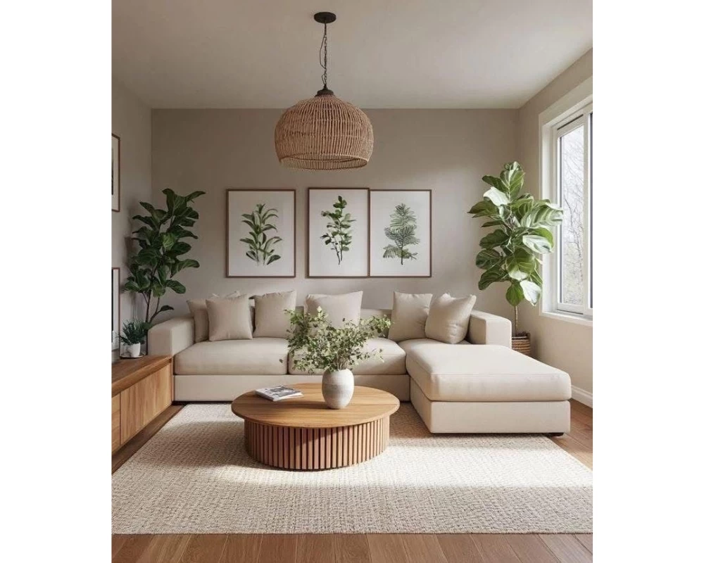 Kiến trúc Scandinavian sử dụng đèn decor, tranh treo tường, thảm trải sàn và cây xanh