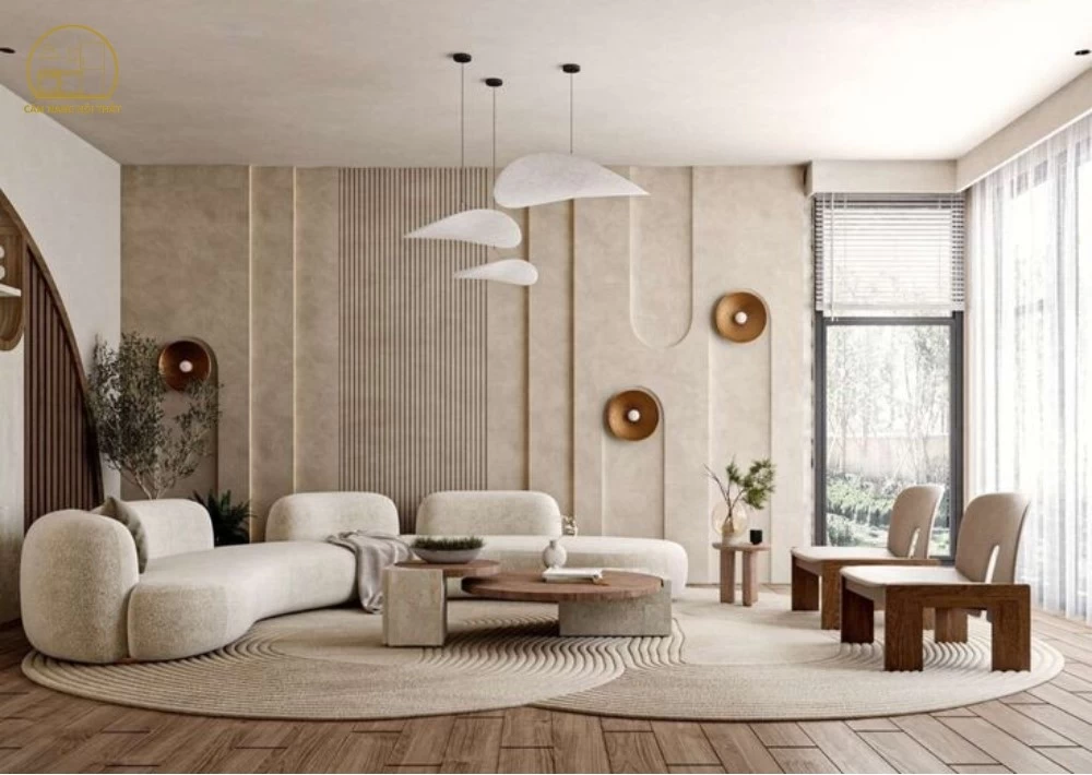 Phòng khách được thiết kế nội thất theo phong cách Wabi Sabi