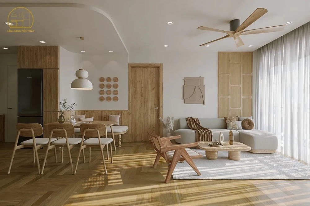 Phòng khách Wabi Sabi sử dụng các nội thất gỗ