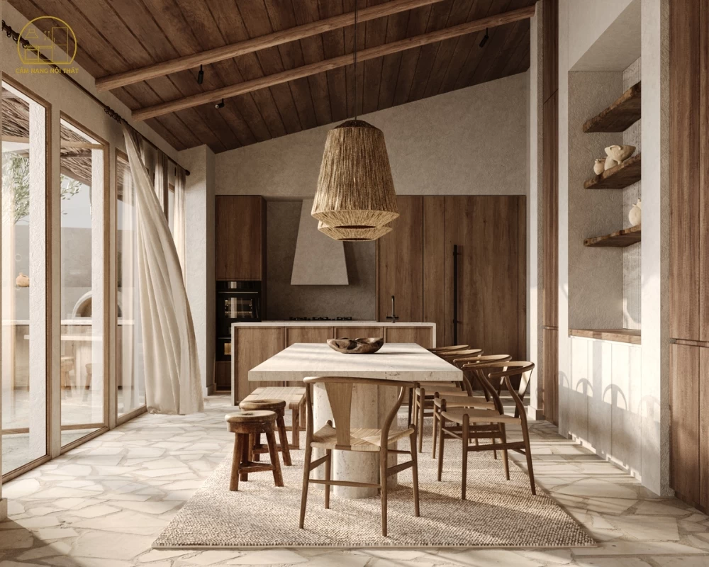 Phòng bếp Wabi Sabi sử dụng nhiều nội thất gỗ