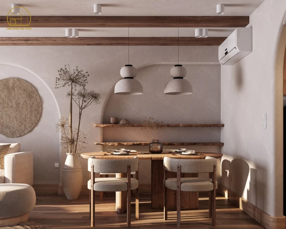 Kệ gỗ gồ ghề là đặc điểm của phong cách thiết kế nội thất Wabi Sabi