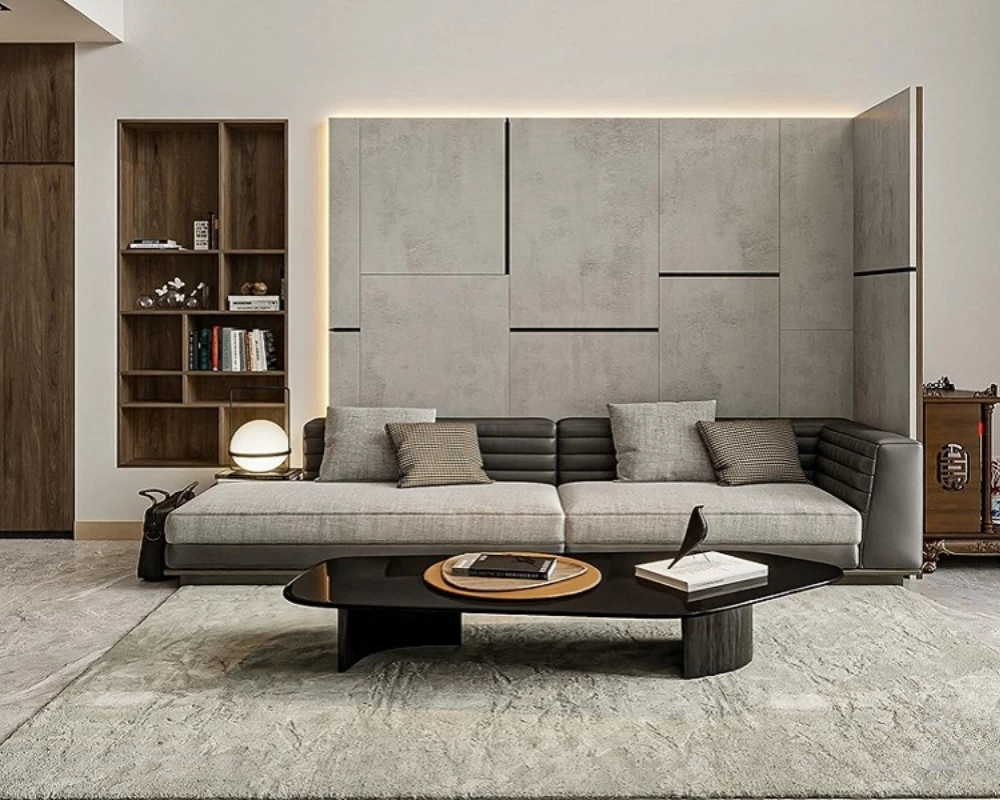 Phòng khách nhà phố dưới 15m2 được bố trí tủ âm tường và kệ ghế băng kê sát tường để tối ưu diện tích