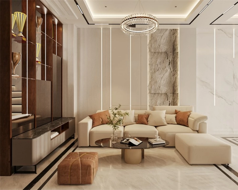 Mẫu thiết kế phòng khách nhà phố đẹp theo phong cách hiện đại luxury