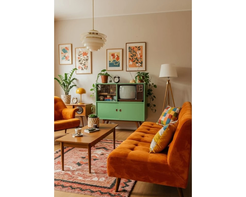 Phòng khách theo phong cách Retro nổi bật với các gam màu rực rỡ