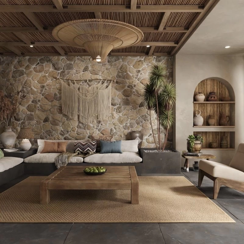 Mẫu thiết kế phòng khách nhà phố đẹp theo phong cách Rustic mix Bohemian