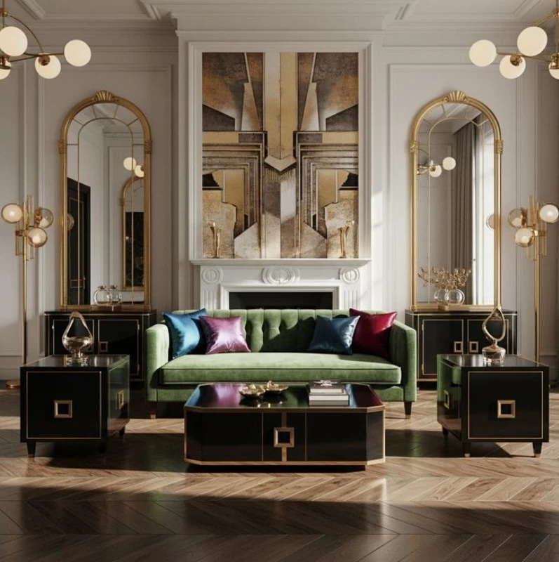 Mẫu thiết kế phòng khách nhà phố đẹp theo phong cách Art Deco luxury