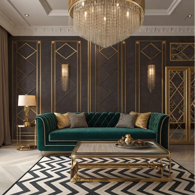 Phòng khách phong cách Art Deco nổi bật với các đường nét hình học mạnh mẽ