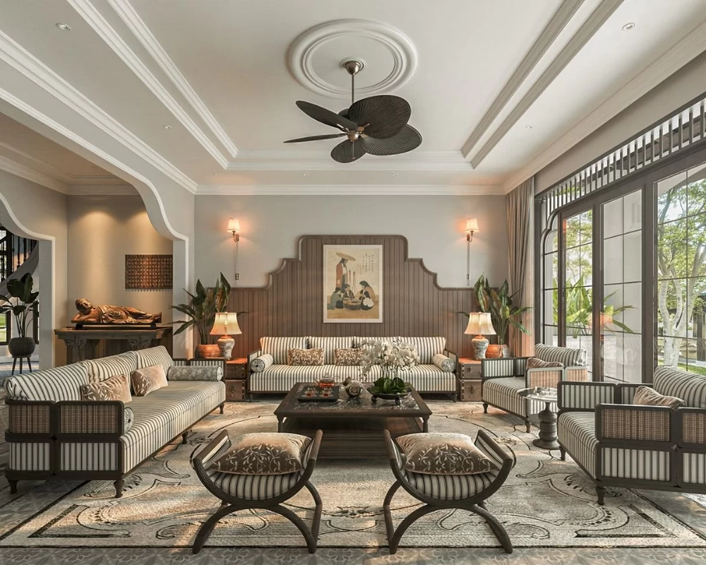 Mẫu phòng khách nhà phố đẹp theo phong cách Indochine hoài cổ