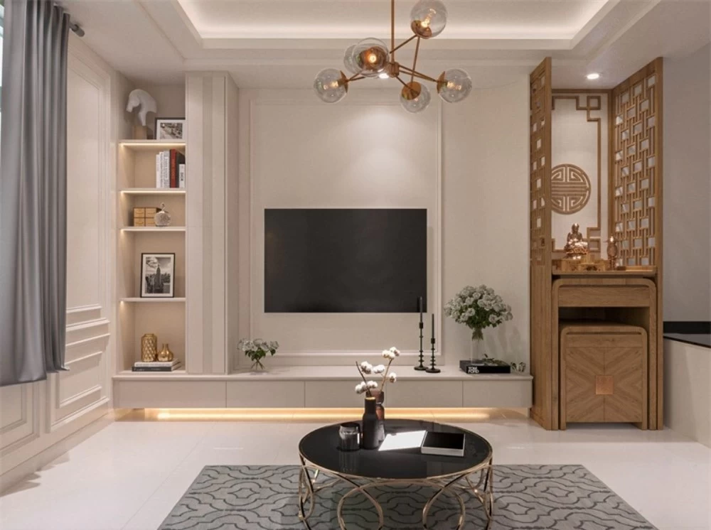 Mẫu phòng khách nhà phố có bàn thờ