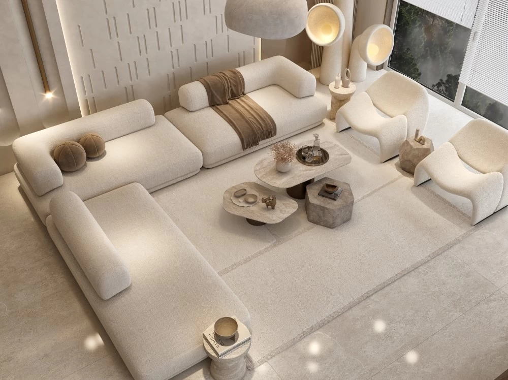 Phòng khách Wabi Sabi sử dụng bàn ghế gỗ mộc mạc, thô sơ