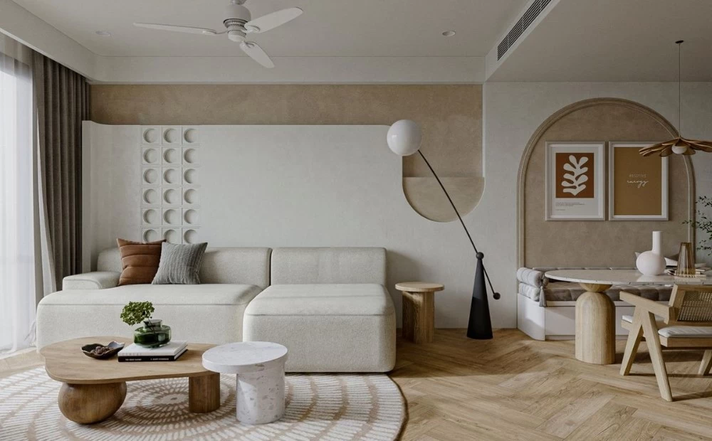 Mẫu thiết kế phòng khách nhà phố đẹp theo phong cách Wabi Sabi kết hợp Japandi