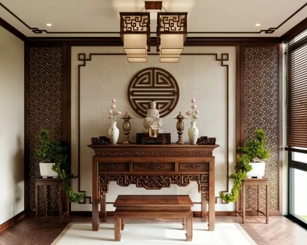 Mẫu thiết kế phòng thờ trang nhã, sử dụng chủ yếu chất liệu gỗ