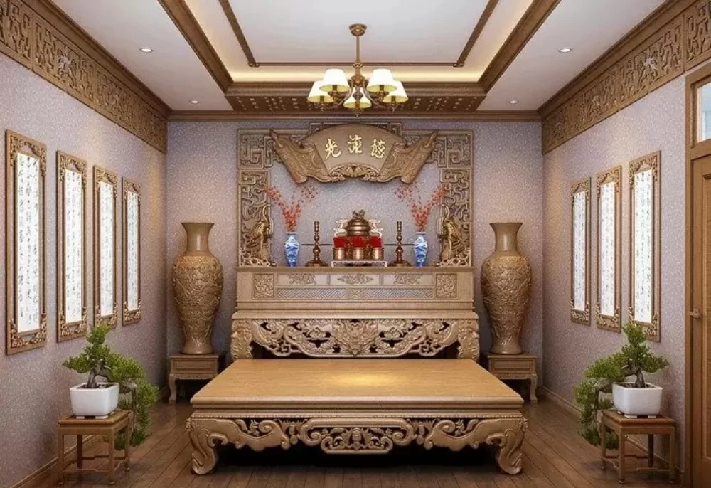 Mẫu thiết kế phòng thờ có hệ trần thạch cao giật cấp