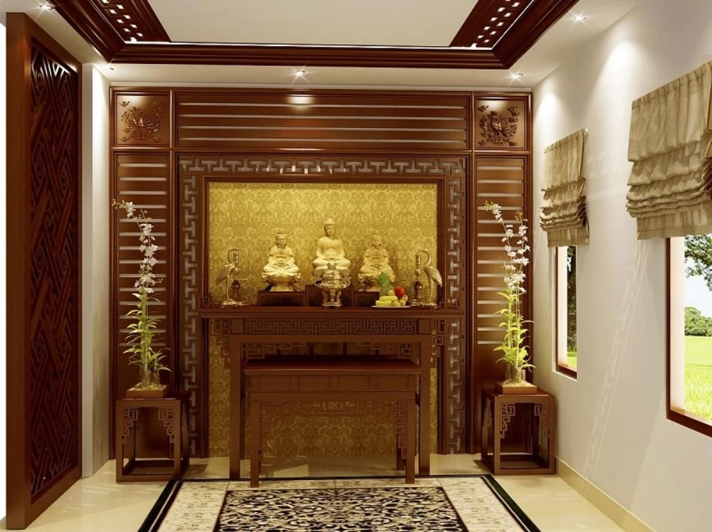 Mẫu thiết kế phòng thờ tone màu vàng kem