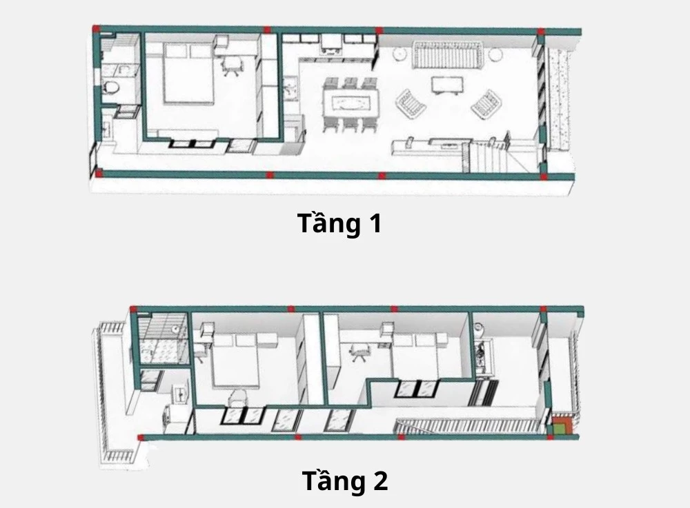 Bản đồ 3D của nhà phố 2 tầng hiện đại có 3 phòng ngủ