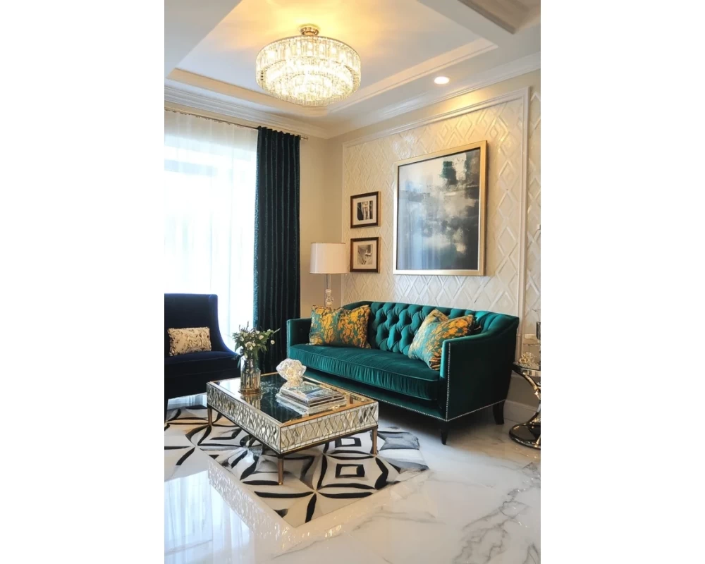 Không gian phòng khách Art Deco mang nét xa hoa, mỹ lệ