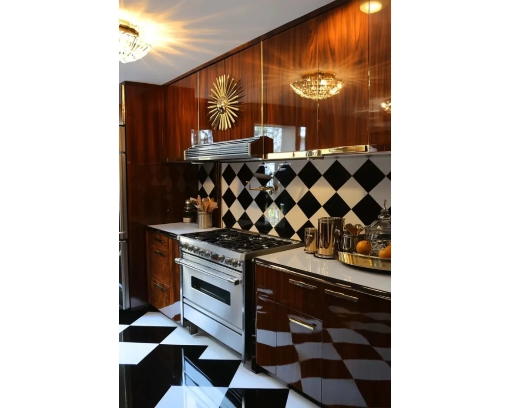 Không gian phòng bếp được thiết kế xa hoa theo phong cách Art Deco