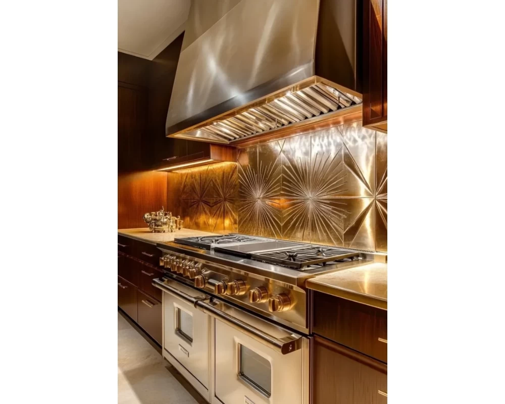 Không gian bếp mang đậm phong cách Art Deco với gam màu vàng đồng sang trọng