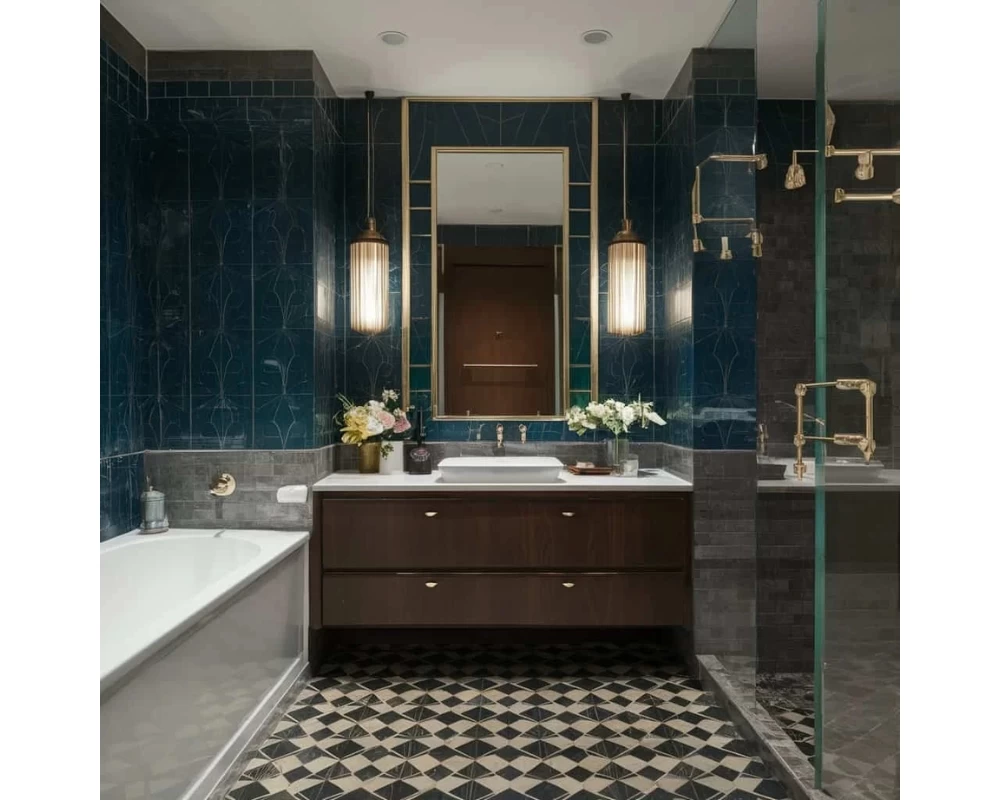 Không gian phòng tắm mang phong cách Art Deco nổi bật với tông màu xanh đậm