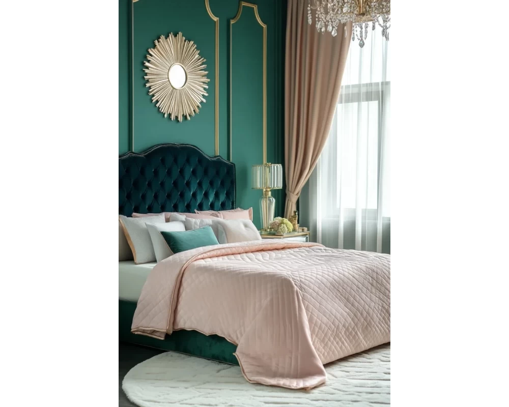 Phòng ngủ mang nét Art Deco sang trọng với tông màu xanh ngọc chủ đạo