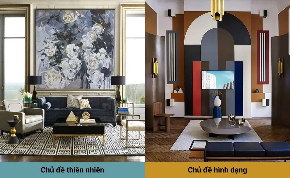 Phòng khách phong cách Art Deco có chủ đề thiên nhiên và chủ đề hình dạng