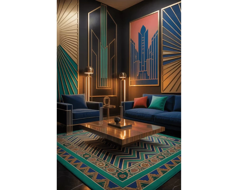 Phòng khách Art Deco sử dụng các gam màu đậm và có độ tương phản cao