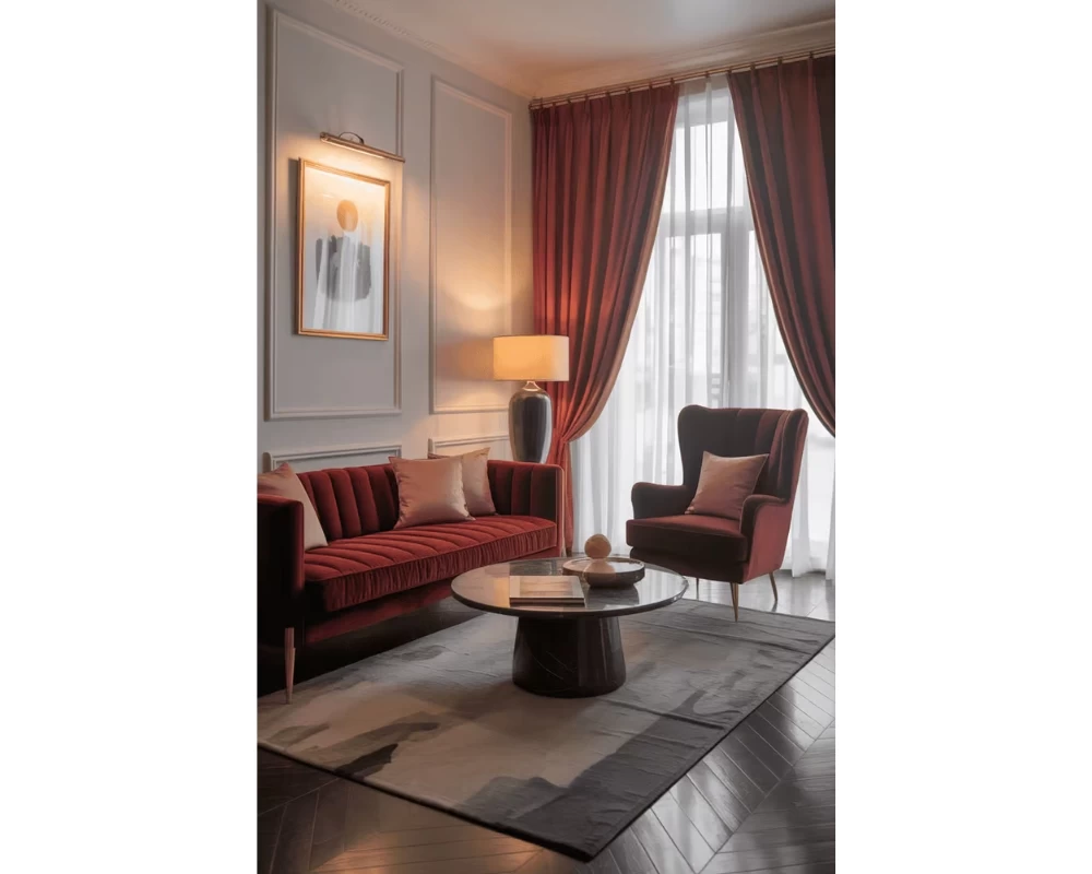 Phòng khách có trưng bày tranh trang trí với phần khung tranh được mạ vàng