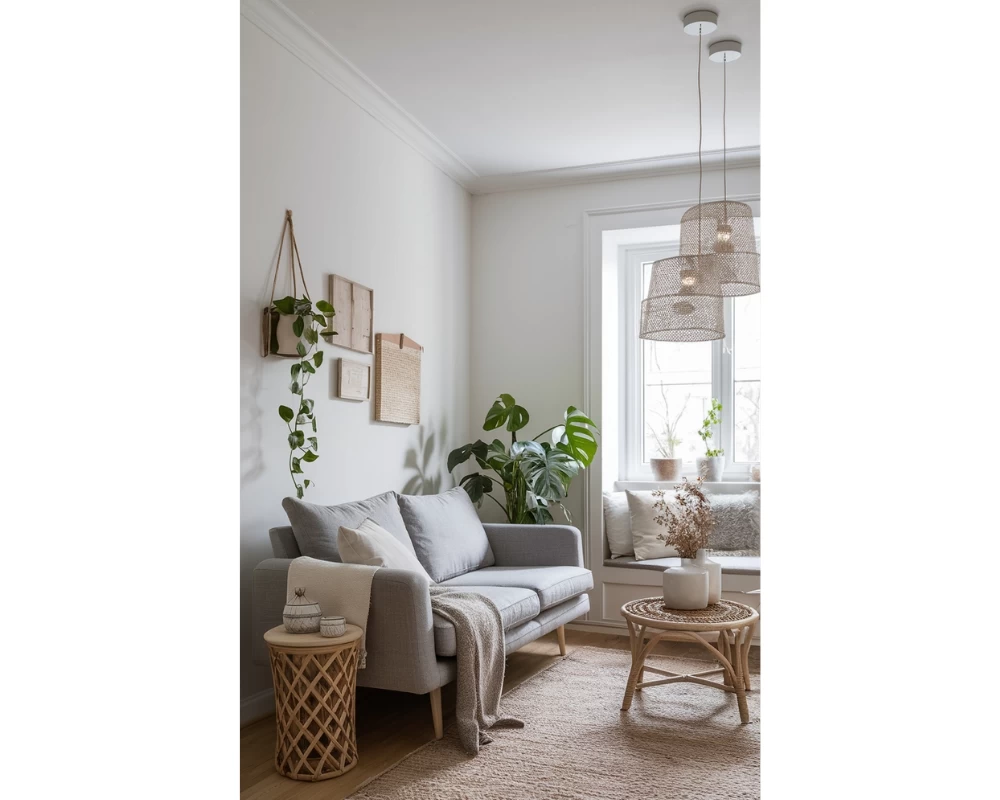 Không gian phòng khách được thiết kế theo phong cách đương đại kết hợp với phong cách Scandinavian
