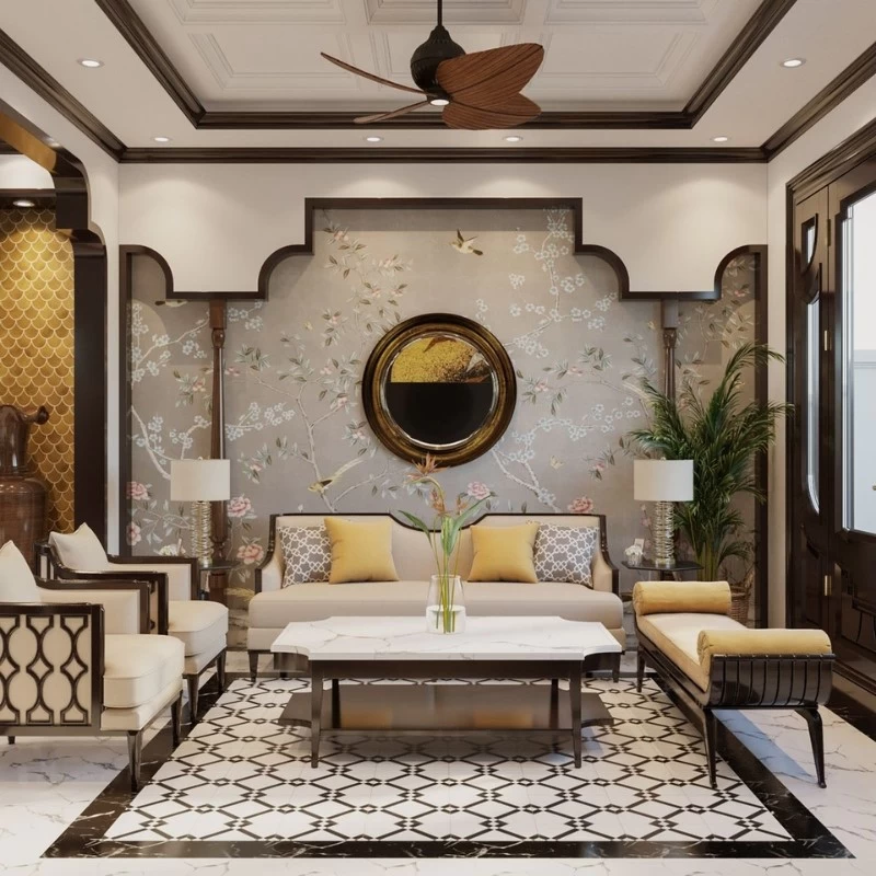 Không gian mang phong cách nội thất Indochine có vẻ đẹp mộc mạc nhưng không kém phần sang trọng