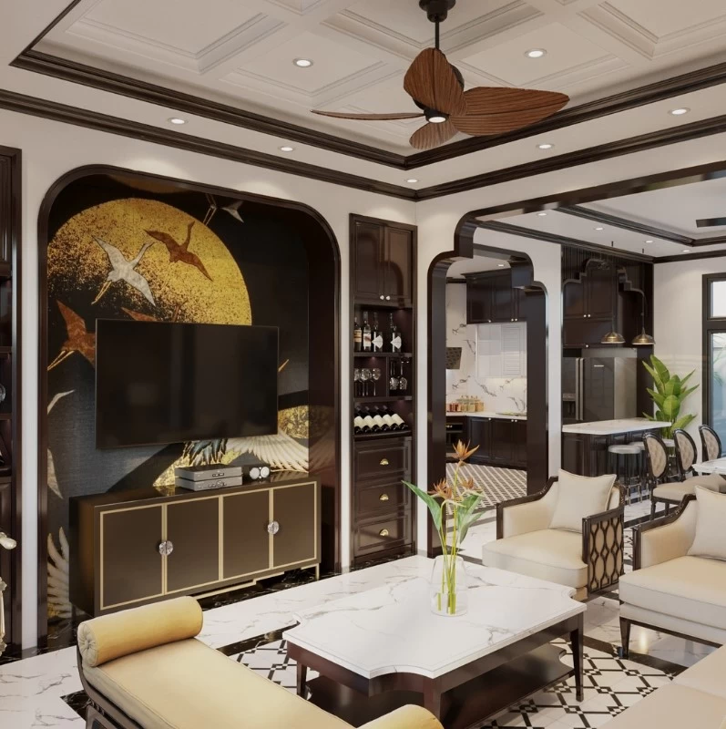 Không gian phòng khách đẹp theo phong cách nội thất Indochine