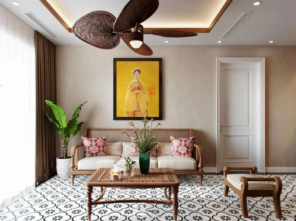 Không gian phòng khách Indochine mộc mạc, gần gũi