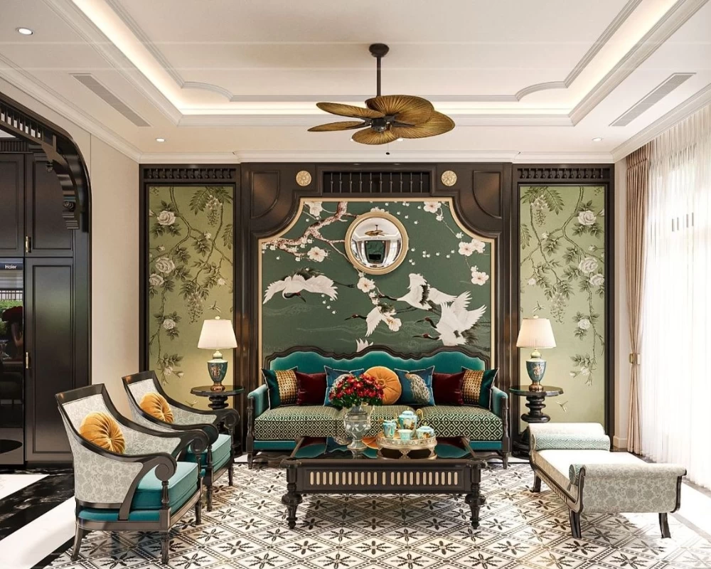 Không gian phòng khách Indochine sử dụng các họa tiết truyền thống