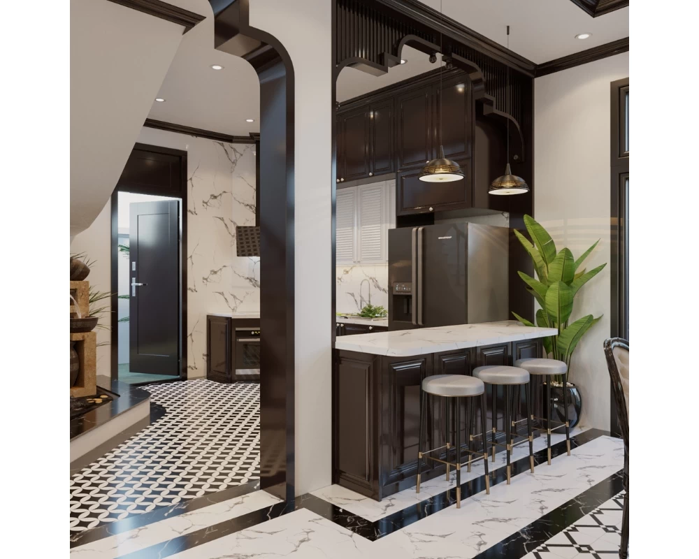 Không gian phòng bếp Indochine được thiết kế tinh tế