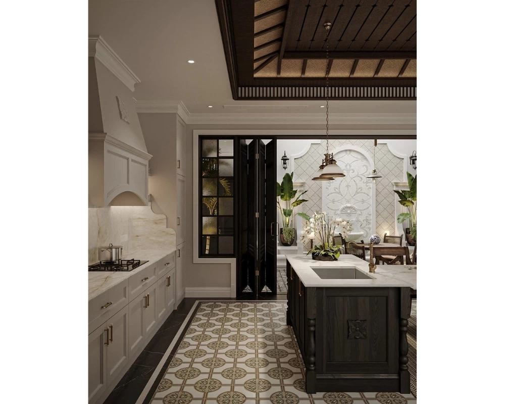 Không gian phòng bếp Indochine ấm cúng