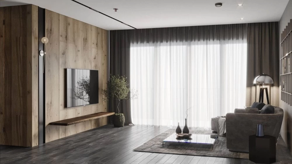 Căn phòng theo phong cách Rustic hiện đại có tích hợp các thiết bị thông minh như tivi