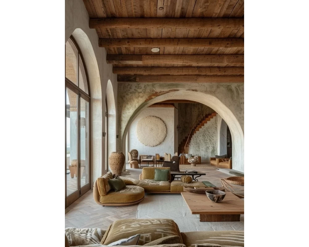 Mẫu phòng khách Rustic sử dụng các vật liệu tự nhiên