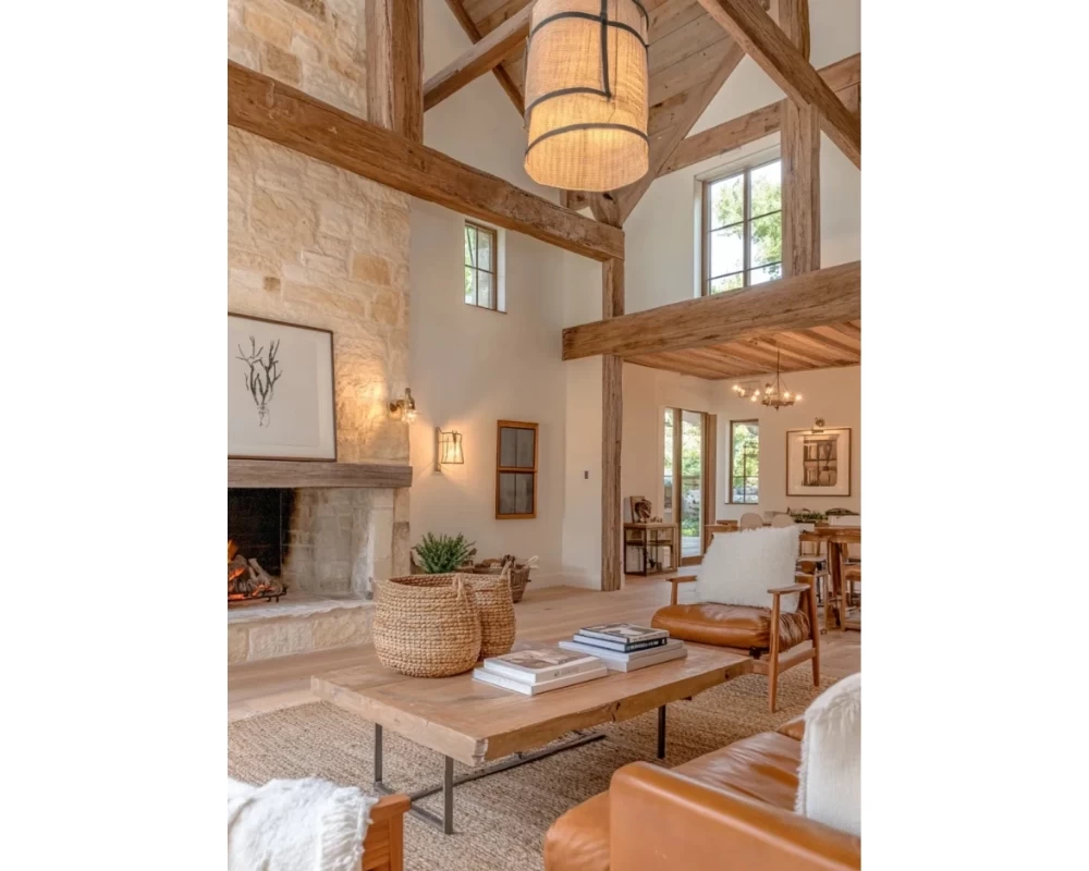 Mẫu phòng khách Rustic với thiết kế nhiều ô cửa để tạo sự sáng sủa