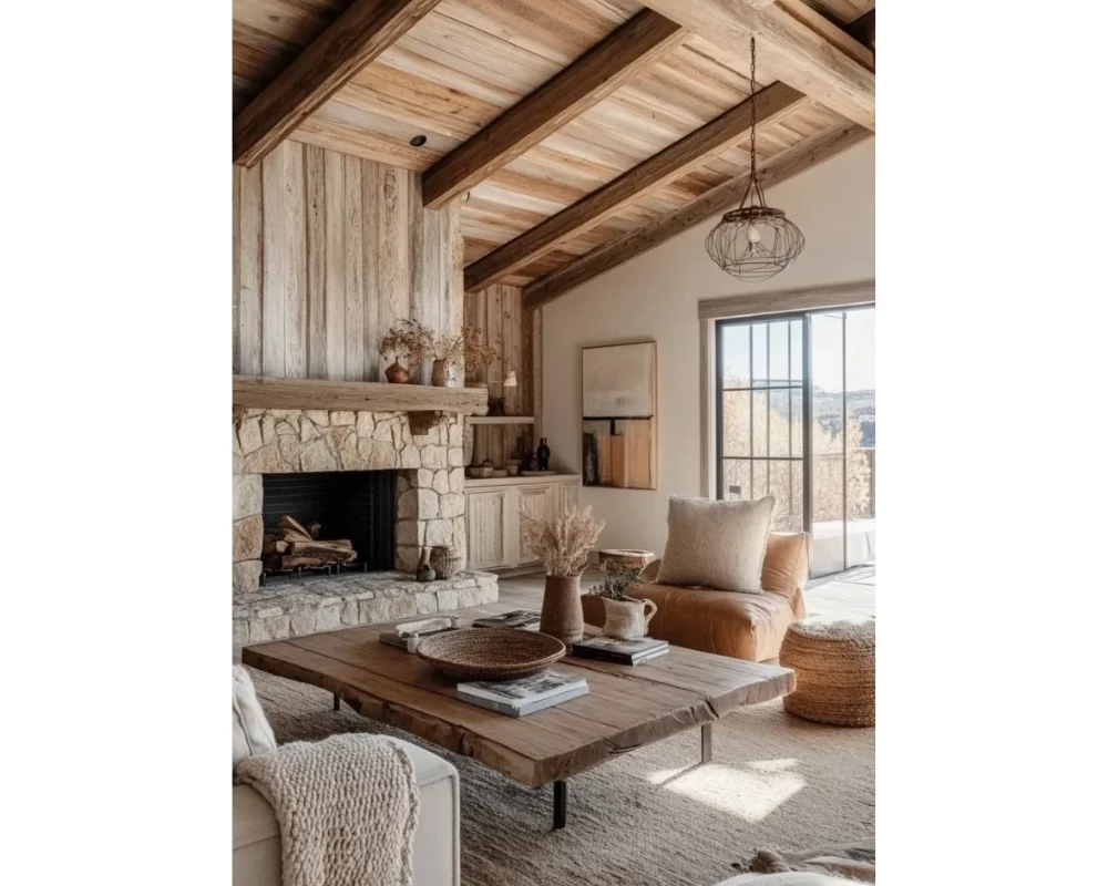 Mẫu phòng khách phong cách Rustic với tông màu be ấm áp