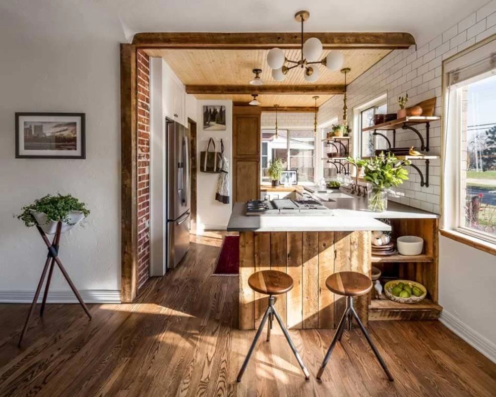 Mẫu phòng bếp phong cách nội thất Rustic có sự thông thoáng