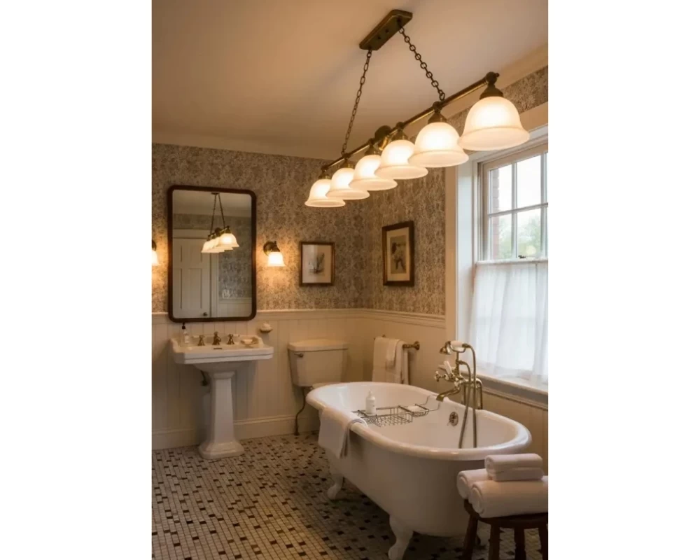 Phòng tắm kiểu Vintage sử dụng ánh đèn vàng ấm