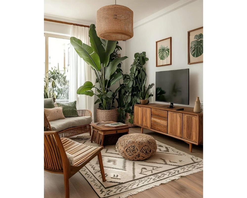 Phong khách phong cách Tropical sử dụng các chi tiết trang trí gợi nhắc đến thiên nhiên