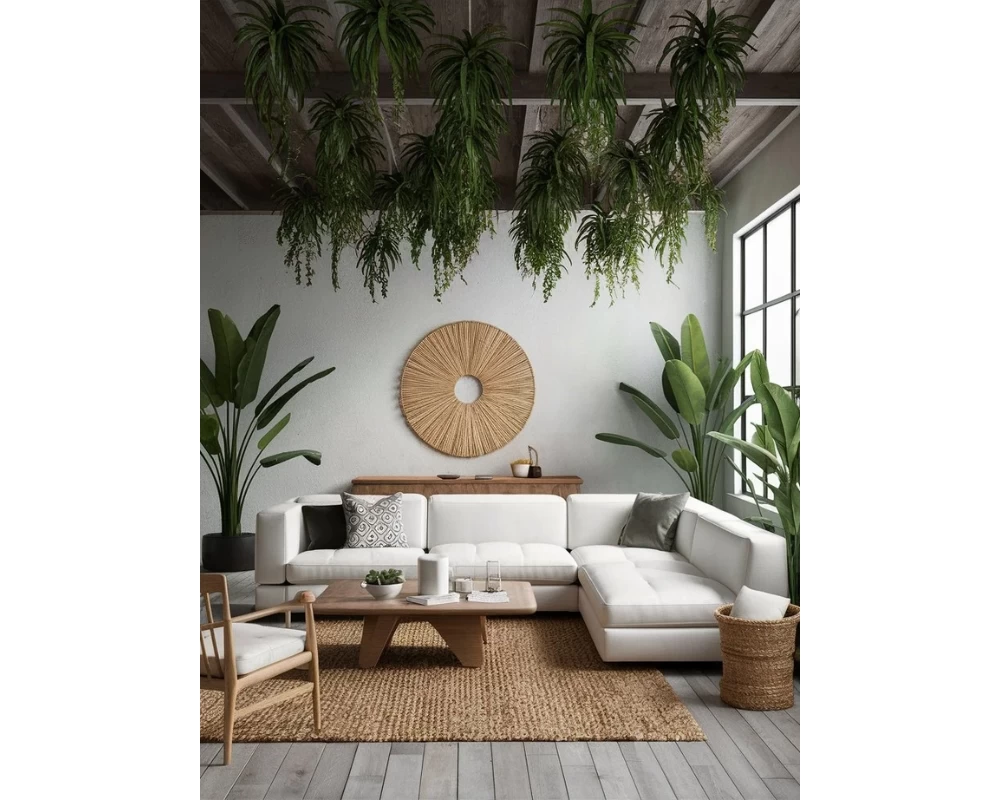 Mẫu phòng khách Tropical có trang trí cây leo rủ trần nhà