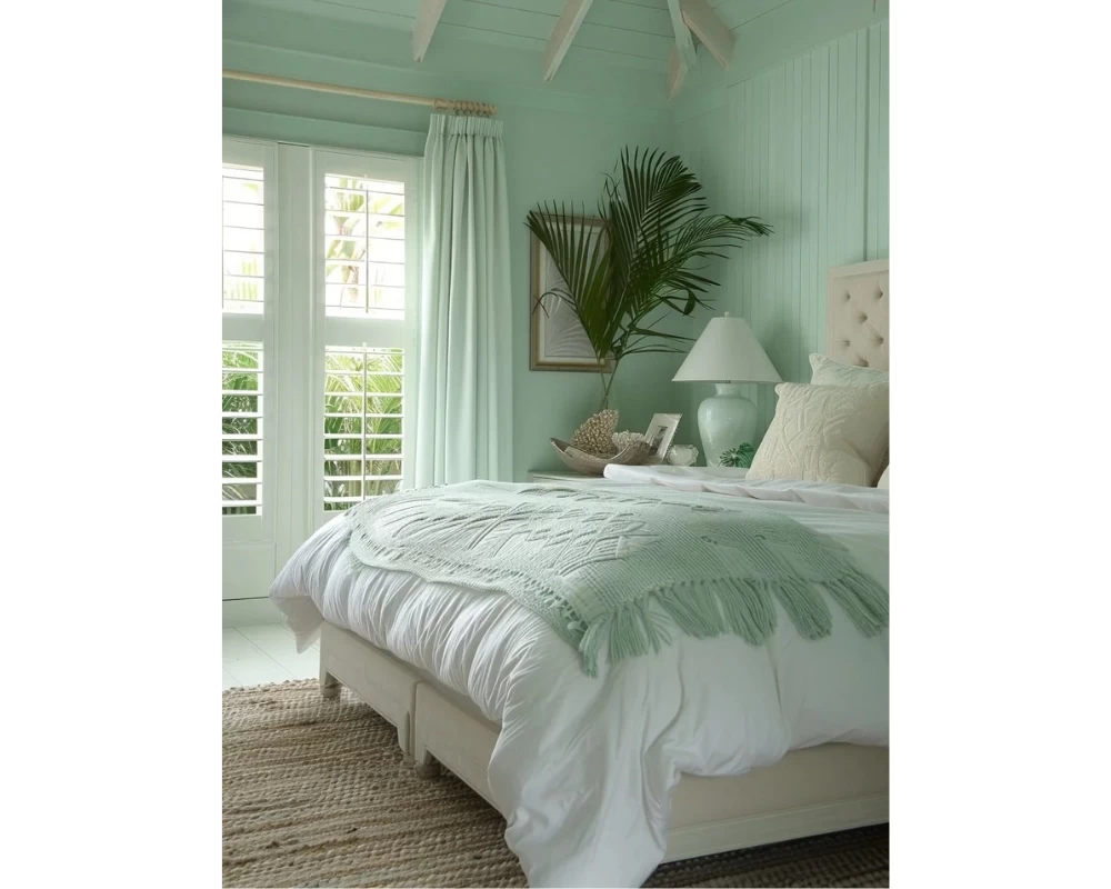 Mẫu phòng ngủ Tropical sử dụng gam màu xanh mint tươi sáng