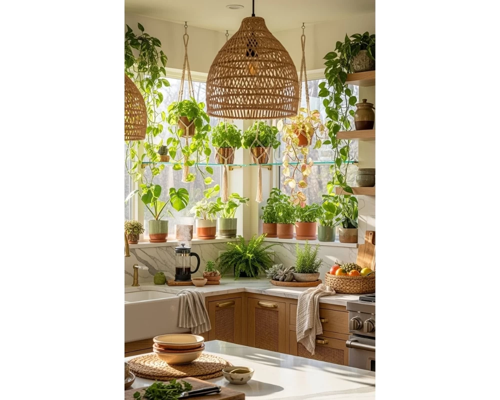 Mẫu phòng bếp phong cách nhiệt đới Tropical trang trí nhiều cây cảnh