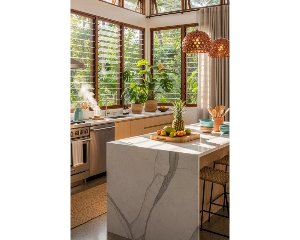 Mẫu phòng bếp phong cách Tropical được thiết kế thông thoáng